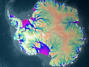 NISAR Synthetic Aperture Radar map of Antarctica showing ice velocity streams