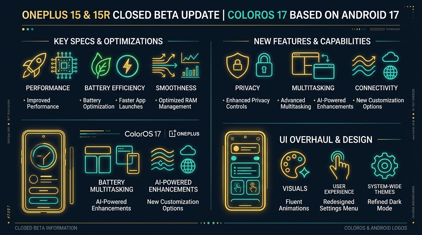 OnePlus 15 and 15R ColorOS 17 closed beta features and Android 17 update overview