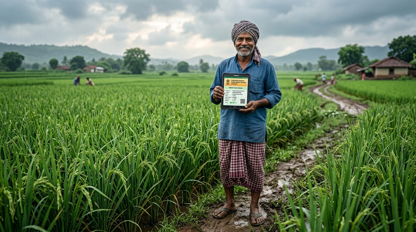 Farmer checking PM Fasal Bima Yojana policy on tablet in field