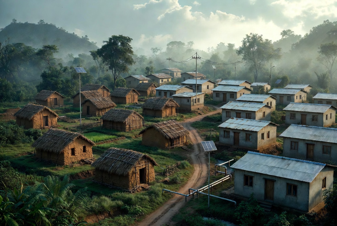 Tribal village development under PM JANMAN Yojana 3D illustration showing thatched huts transforming into pucca houses with solar lighting