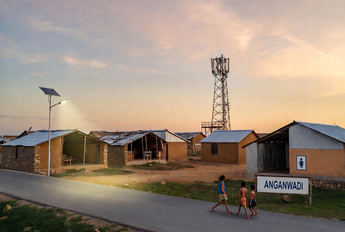 Transformed PVTG habitation under PM JANMAN Yojana 3D illustration showing paved road, solar lights, mobile tower, and Anganwadi