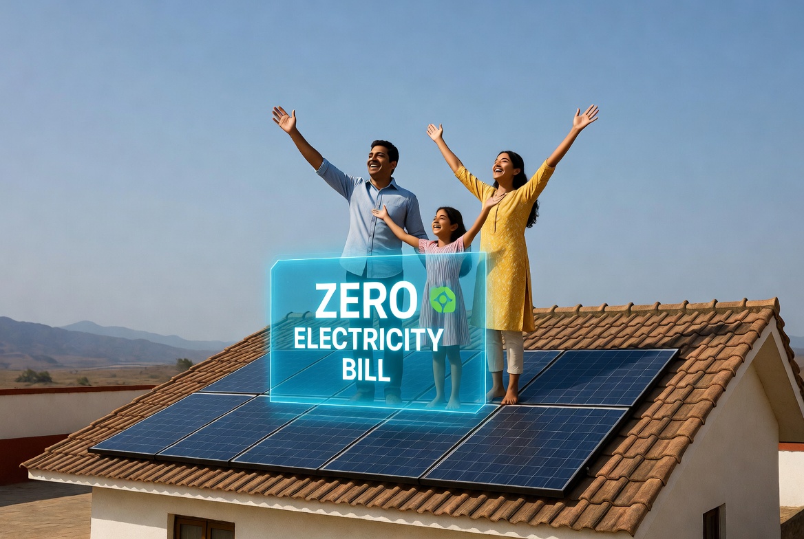 Family benefiting from free electricity under PM Surya Ghar scheme 3D