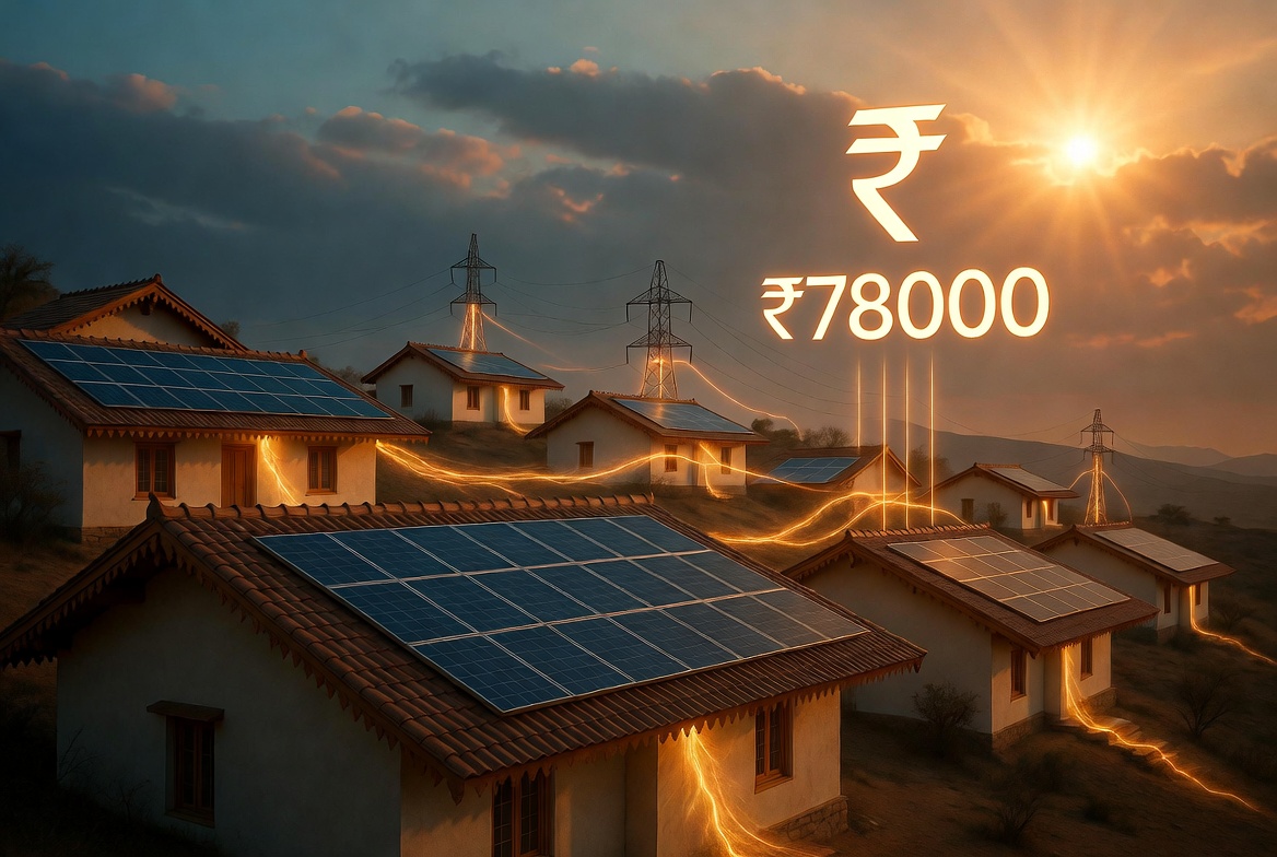 Happy Indian family benefiting from free electricity under PM Suryodaya scheme 3D