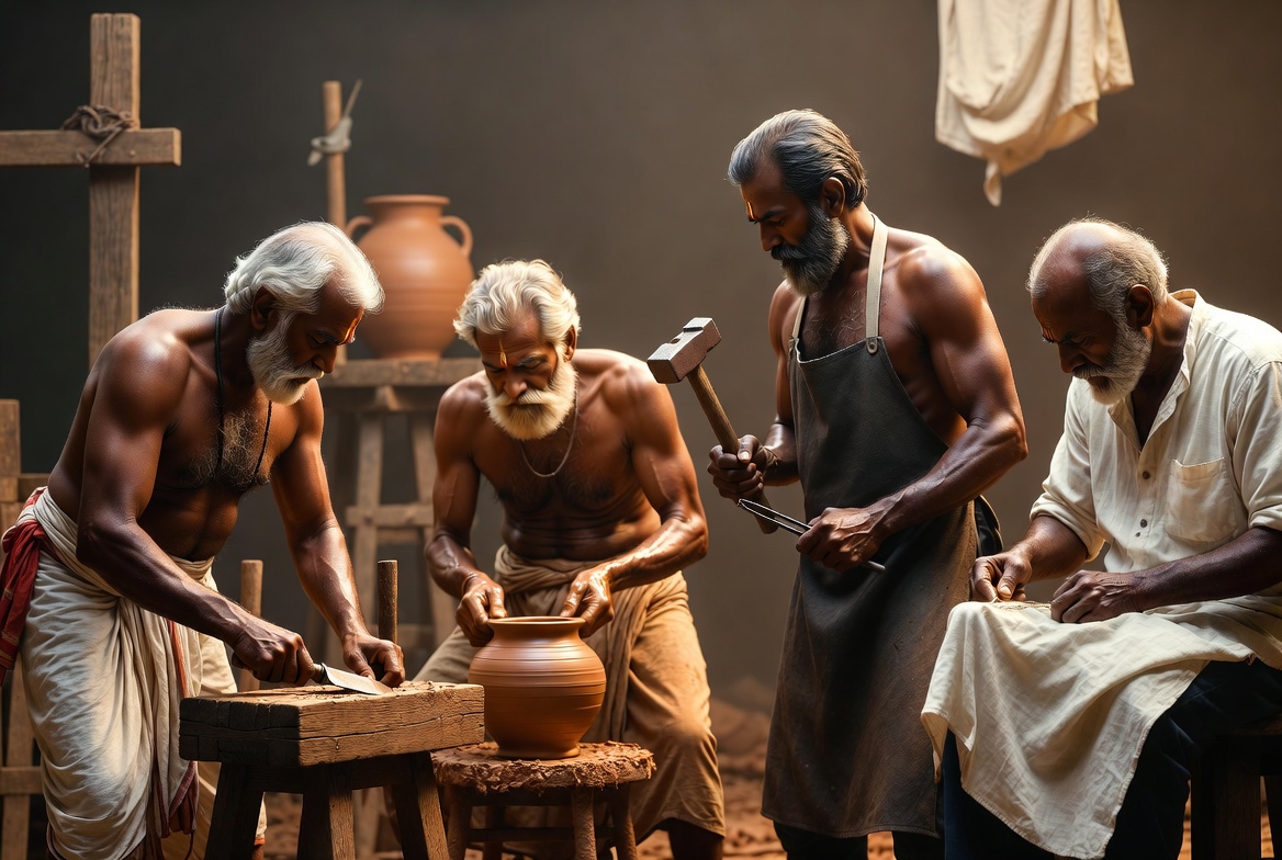 Traditional Indian artisan working with modern toolkit 3D illustration