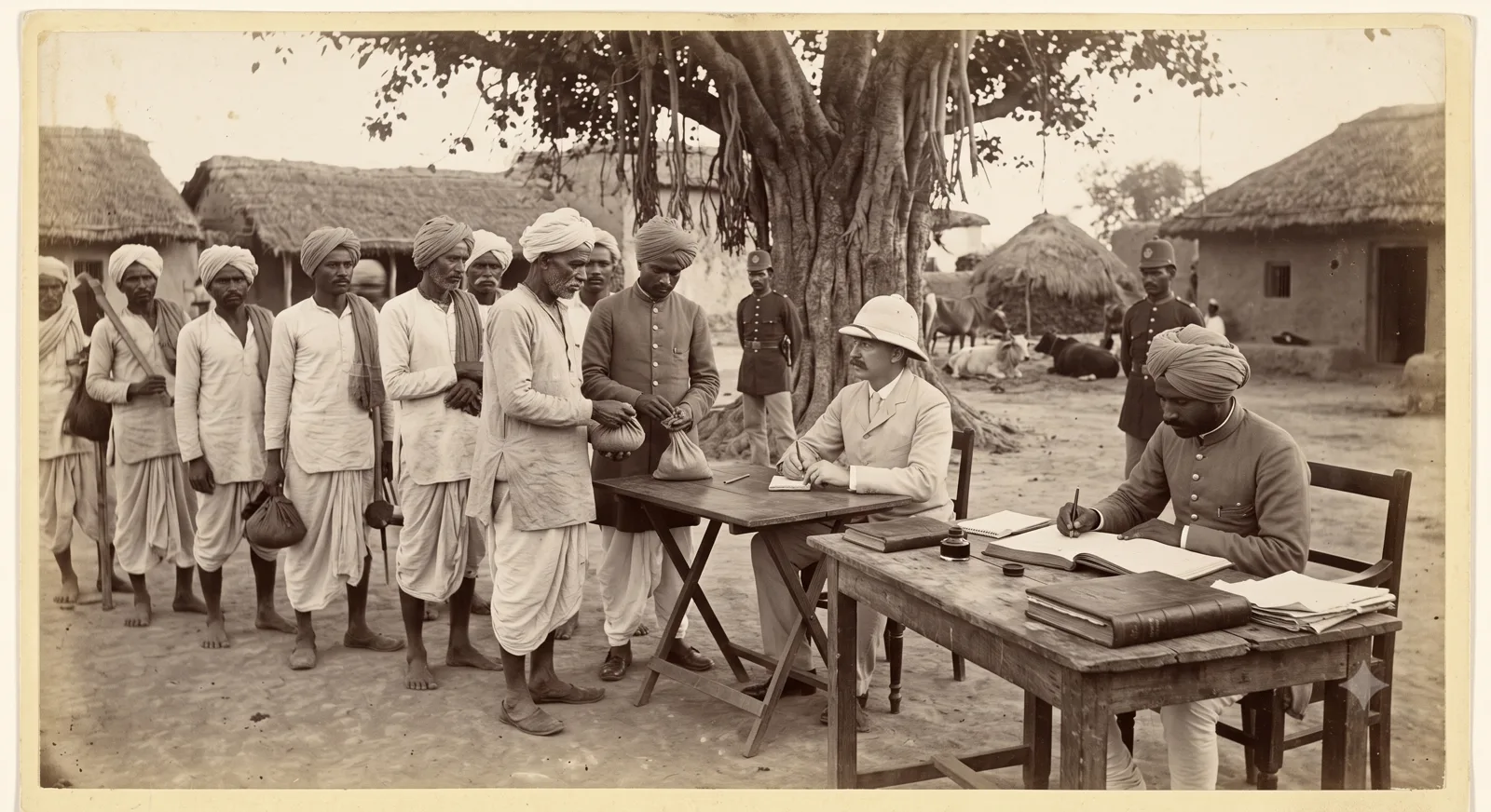 Historical photo showing a British official and an Indian clerk sitting at desks outdoors under a banyan tree while Indian villagers stand in line, supervised by policemen.