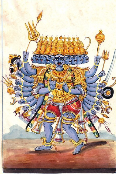 Ravana praising Lord Shiva while trapped under Mount Kailash