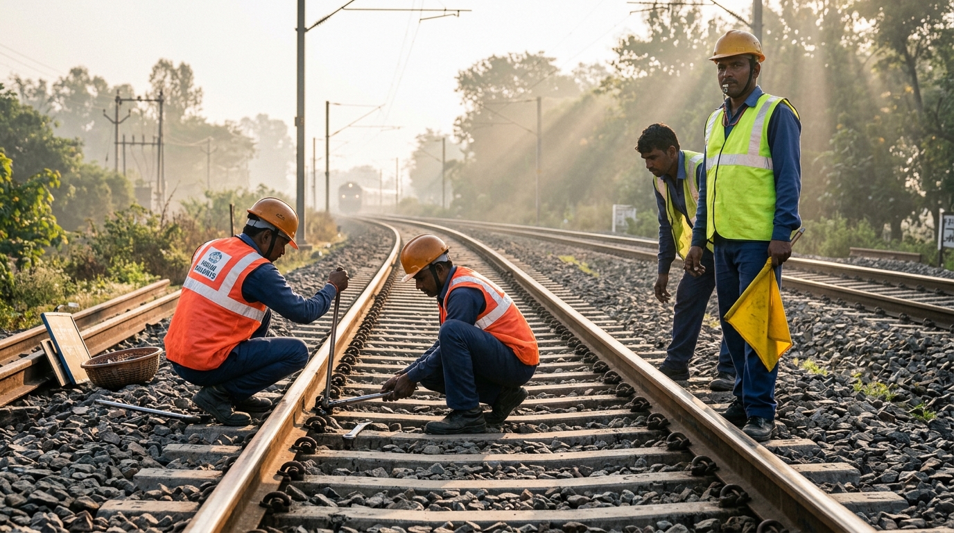 Track Maintenance Gang Working Along Rail Line Section