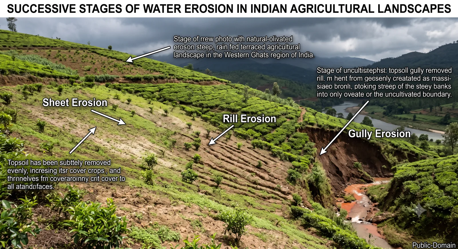 Successive stages of water erosion in Indian agricultural landscapes showing sheet, rill, and gully erosion on terraced hills