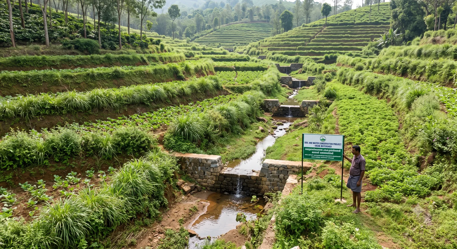 Soil and water conservation project demonstrating check dams and terraced farming on hills to prevent soil erosion