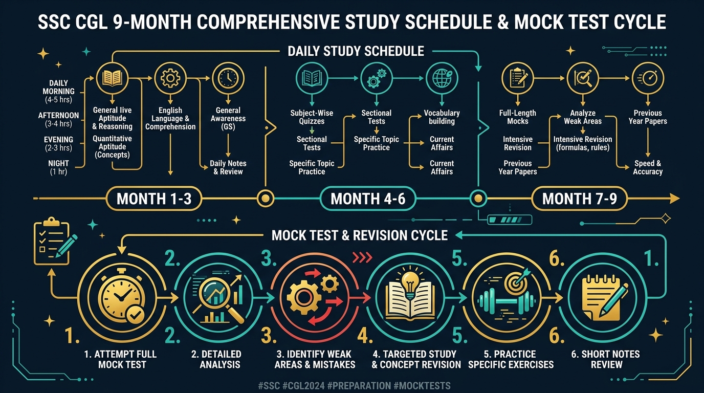 SSC CGL 9-Month Daily Study Timetable and Mock Test Cycle