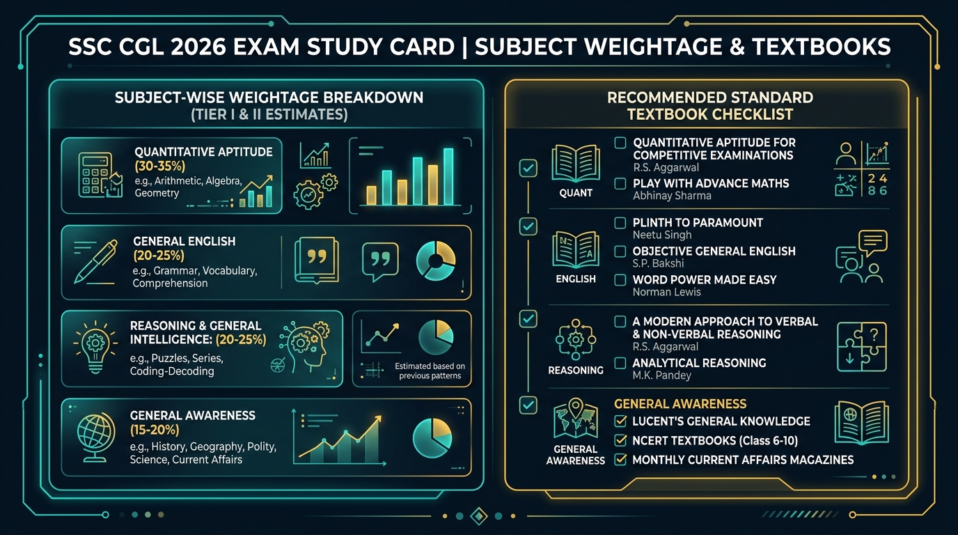 SSC CGL Subject-wise Weightage and Recommended Booklist Infographic