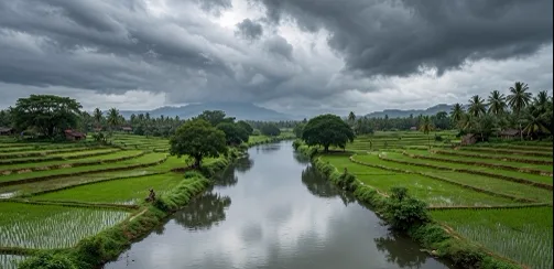 Cauvery river flowing through delta paddy fields