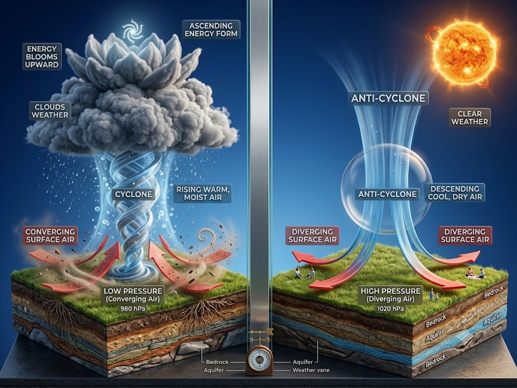 3D Educational diagram comparing low pressure cyclone vs high pressure anti-cyclone