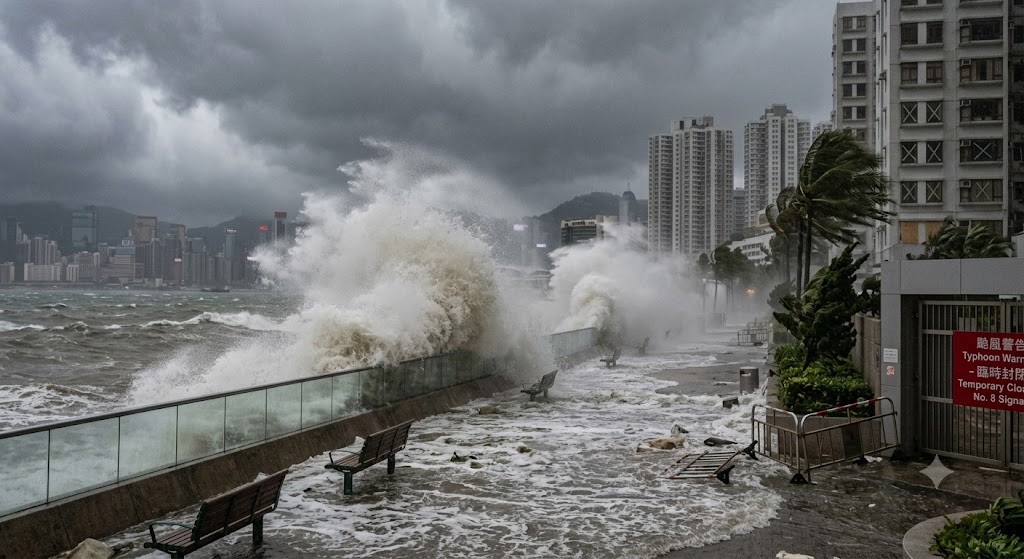 Massive sea waves crashing over Hong Kong waterfront promenade with Typhoon Signal No 8 sign