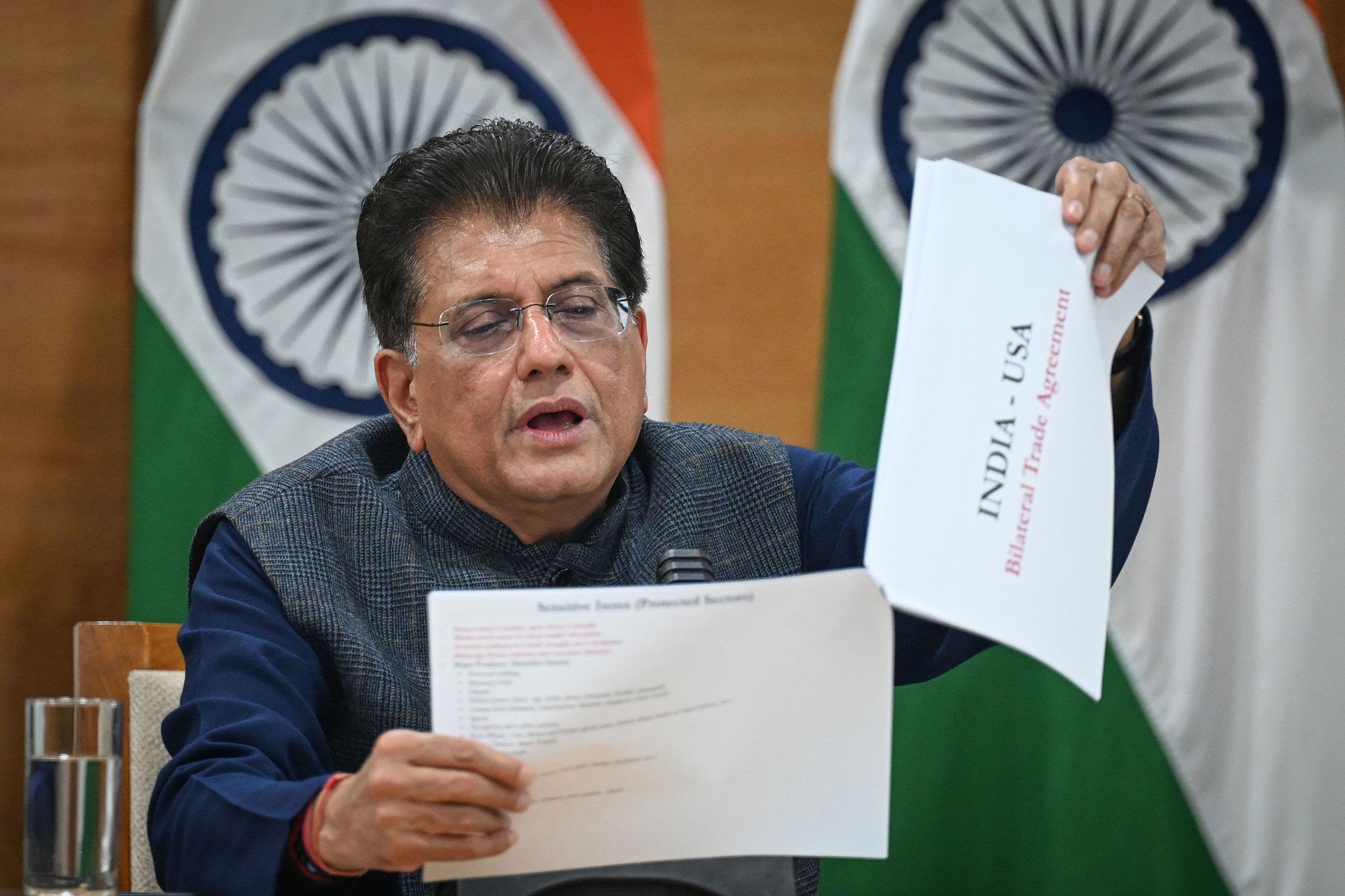 Piyush Goyal holding India US Bilateral Trade Agreement document