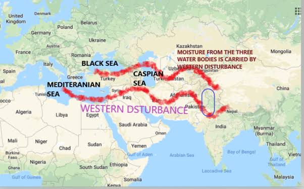 Map diagram showing Western Disturbance originating from Mediterranean, Caspian, and Black Sea into India