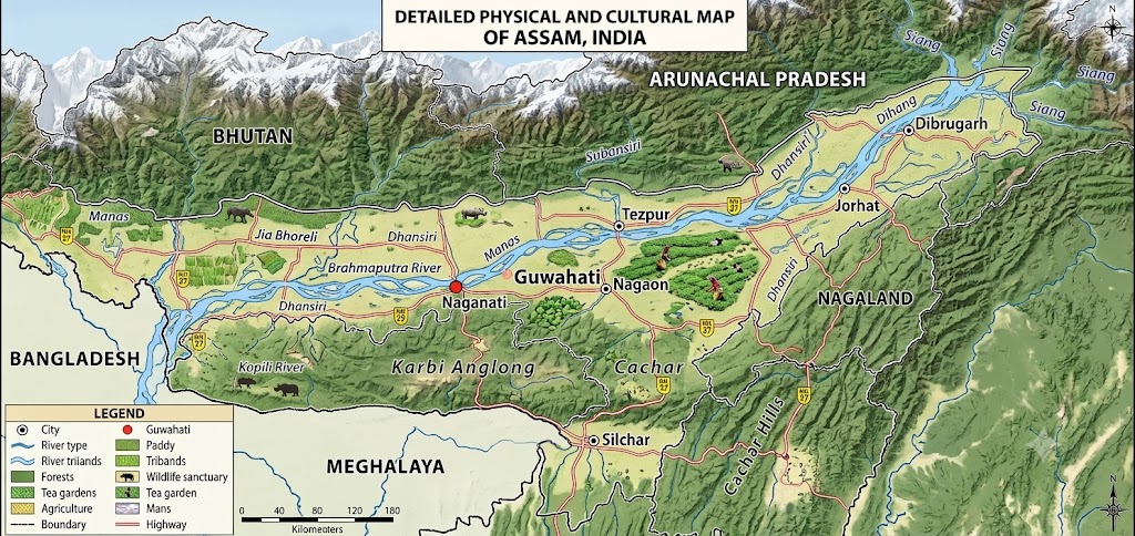 Detailed Physical and Cultural Map of Assam India showing Brahmaputra River valley