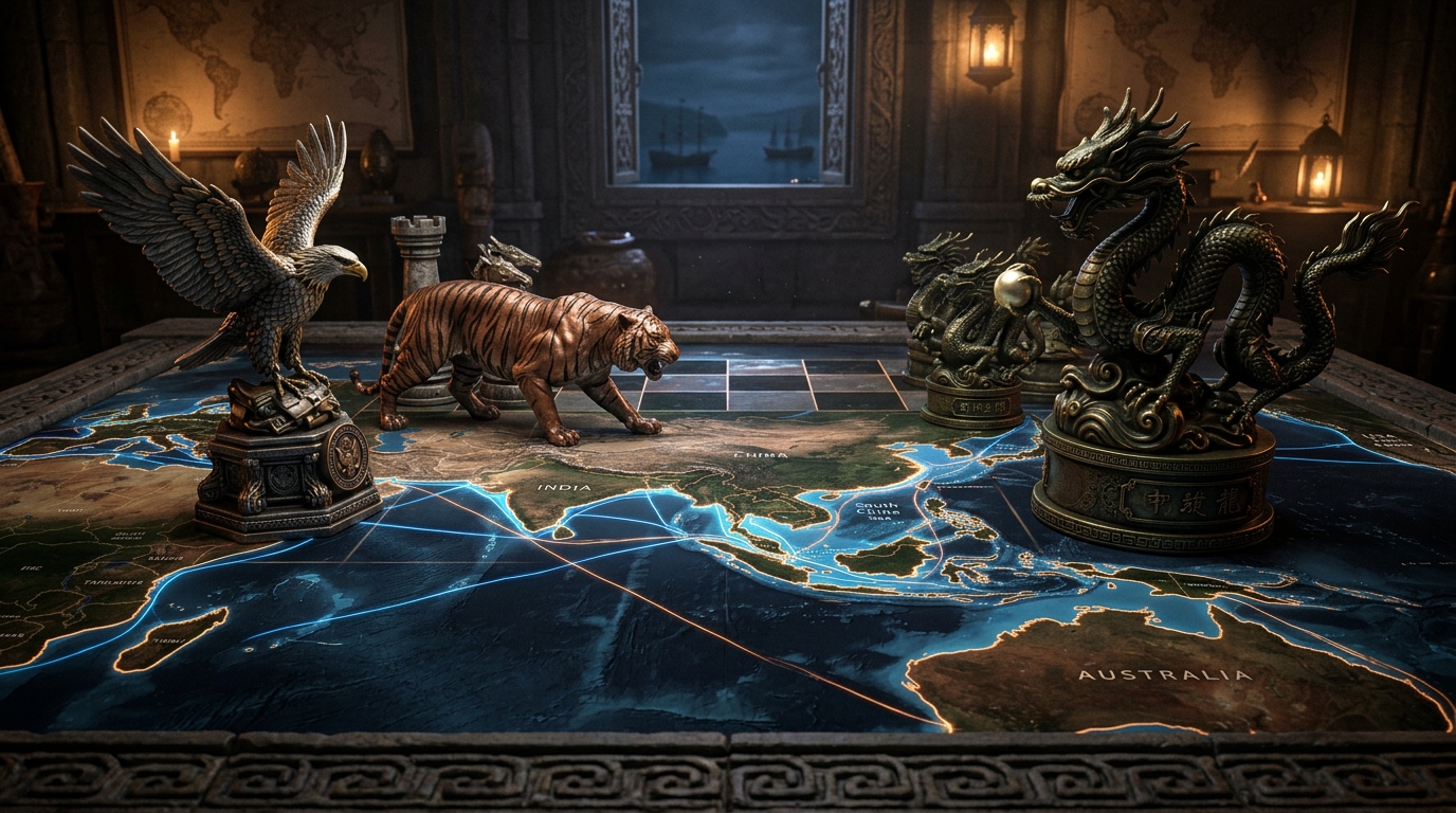 3D geopolitical map showing US-India-China strategic balance